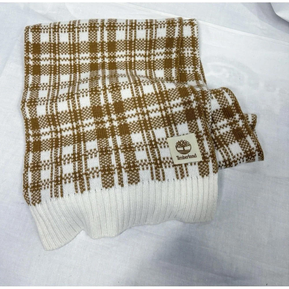 Timberland Plaid‎ Knit Scarf Brown White OS Acrylic Winter Cold Weather T101808